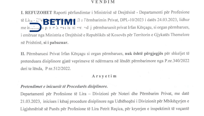 Komisioni konstaton se përmbaruesi privat, nuk ka bërë shkelje disiplinore përmbaruesi privat i suspenduar nga ministrja e Drejtësisë