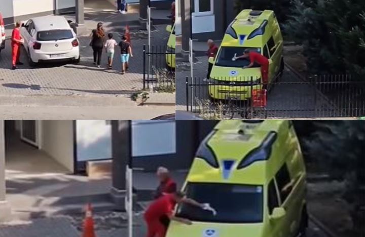Punëtor i pandërgjegjshëm i Ambulancës, pastron xhamat e veturës me fasha të destinuara për pacientë